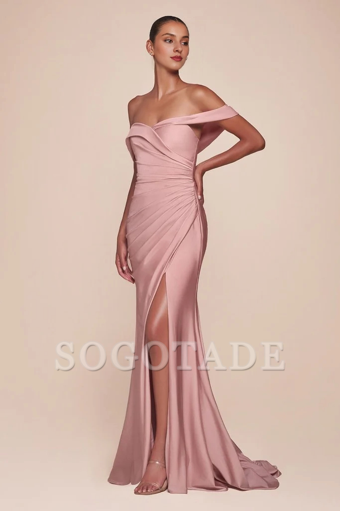 Off shoulder satin side slits and floor length godons evening dresses