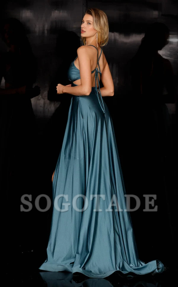 Deep V-neck backless thin shoulder strap and floor length Prom dress
