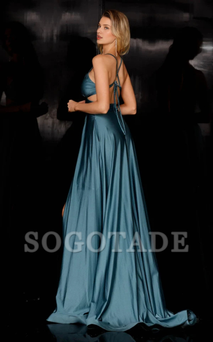 Deep V-neck backless thin shoulder strap and floor length Prom dress