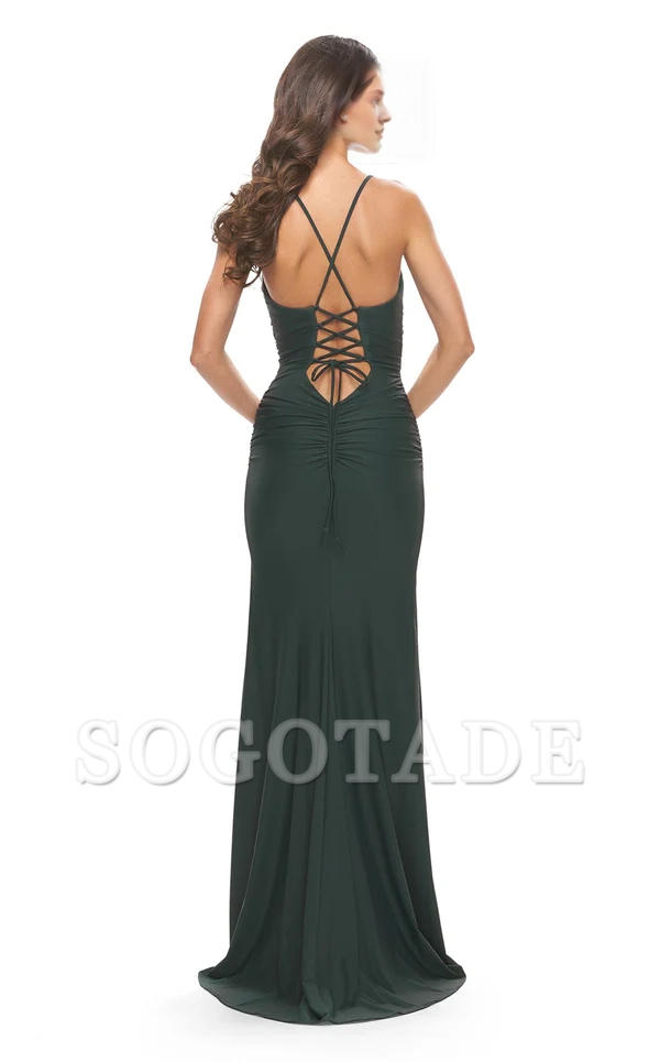 Thin shoulder strap V-neck sleeveless backless tight side slit and floor length evening dress