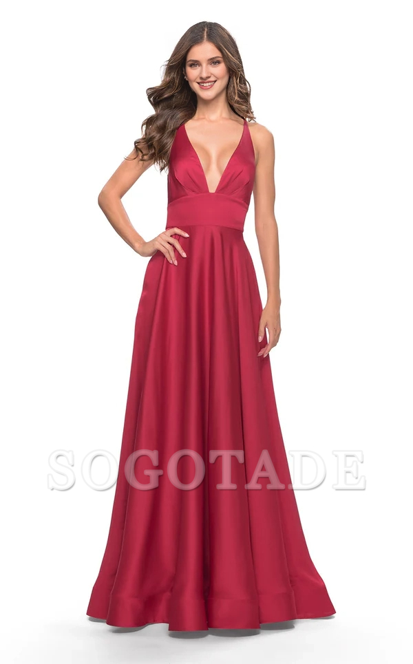 A-line with deep V-neckline backless satin thin shoulder side slit and floor length evening dress