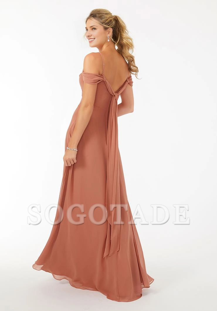 Thin shoulder strap V-neck with exposed back strap and floor length dress