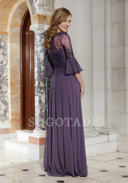 V-neckline transparent elbow sleeves lace and floor length gown evening dresses