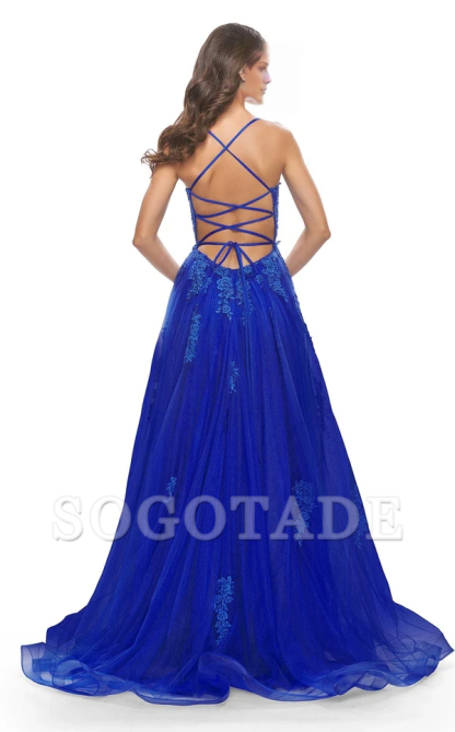 A-line deep straight neckline beaded lace tight corset sheer and floor length Prom ress-SOGOTADE