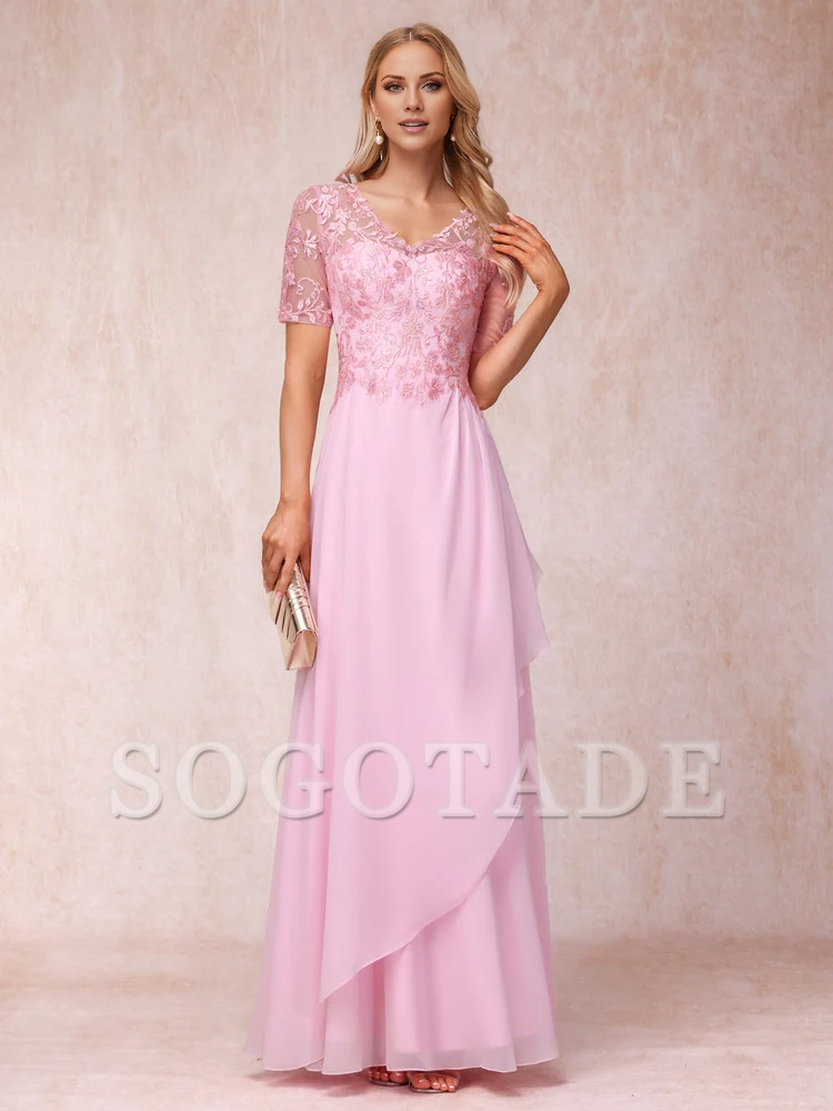 A-line/Princess V-neck short sleeved long formal mother of the bride dress