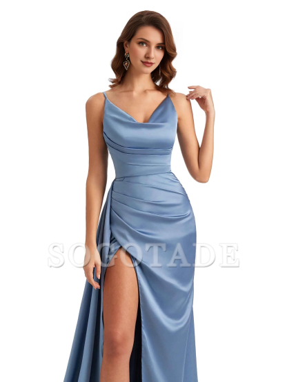 Sexy fishtail side slit hanging neck V-neck soft satin ultra long bridesmaid dress