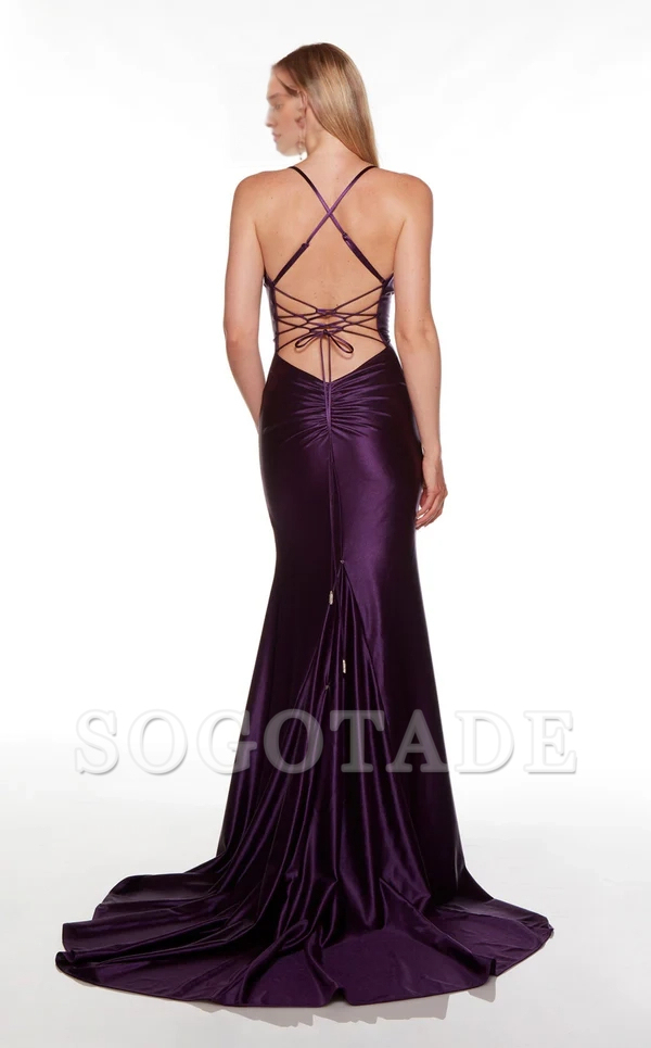 Thin shoulder strap V-neck satin backless high slit and floor length Prom dress
