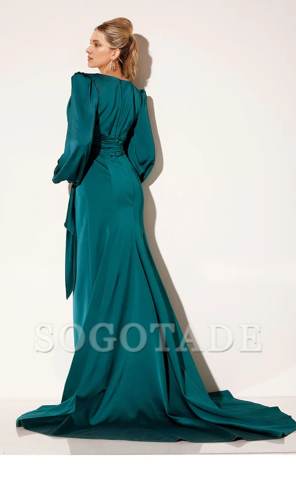 V-neck long sleeved side slit and floor length Prom dress