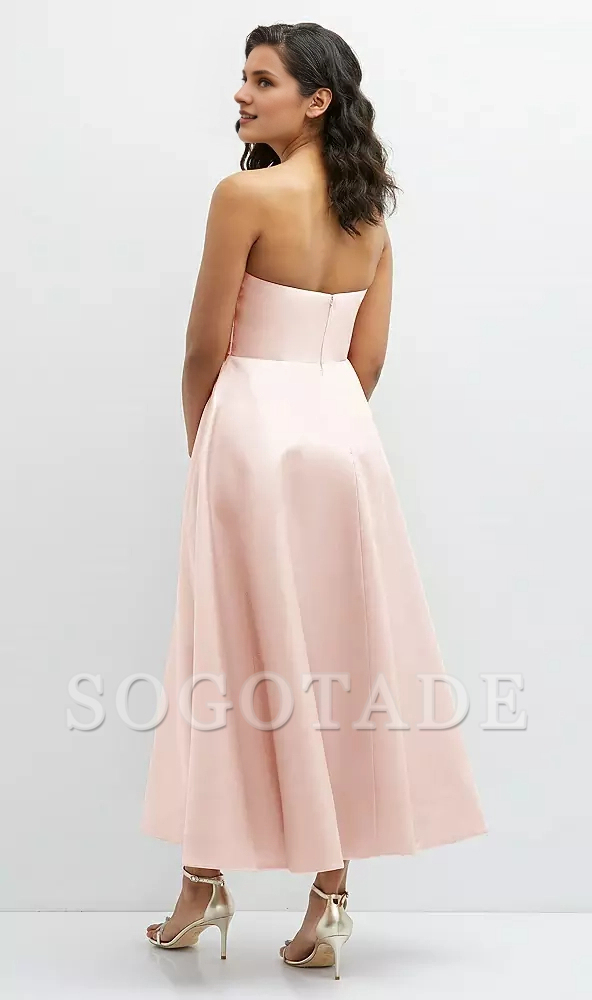 Hanging pleated tight corset strapless satin Prom dress