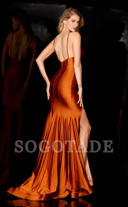 V-neck slim shoulder strap with side slits and floor length Prom dress