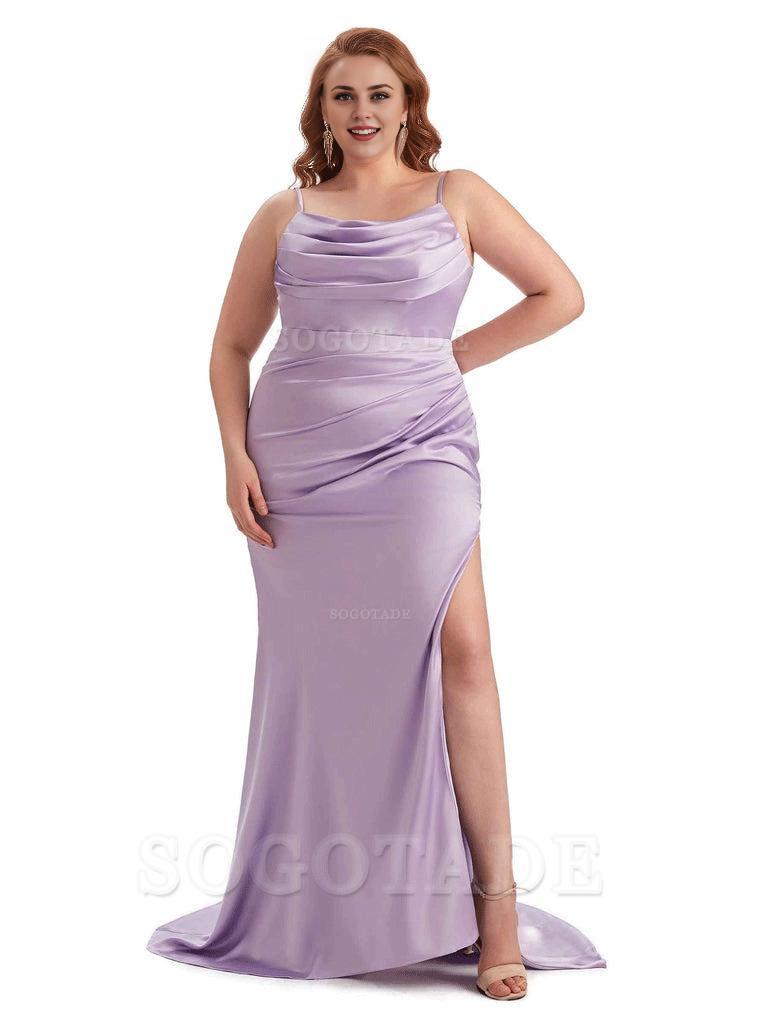 Sexy Jewel Side Slit Mermaid Soft Satin Long Plus Size Bridesmaid Dress For Wedding