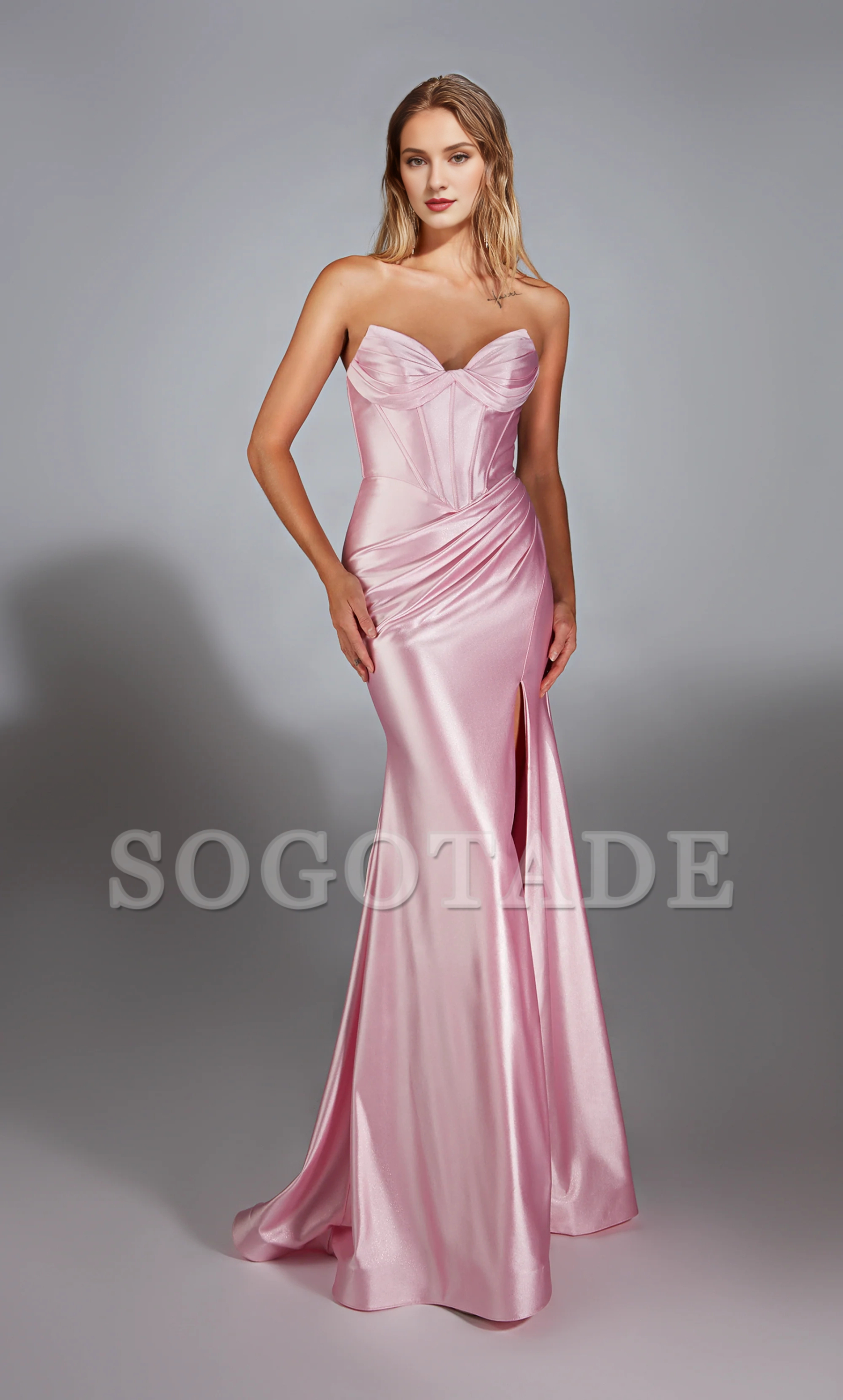 Satin strapless slim evening gown with trumpet shaped lace up tight corset and slit long formal dress