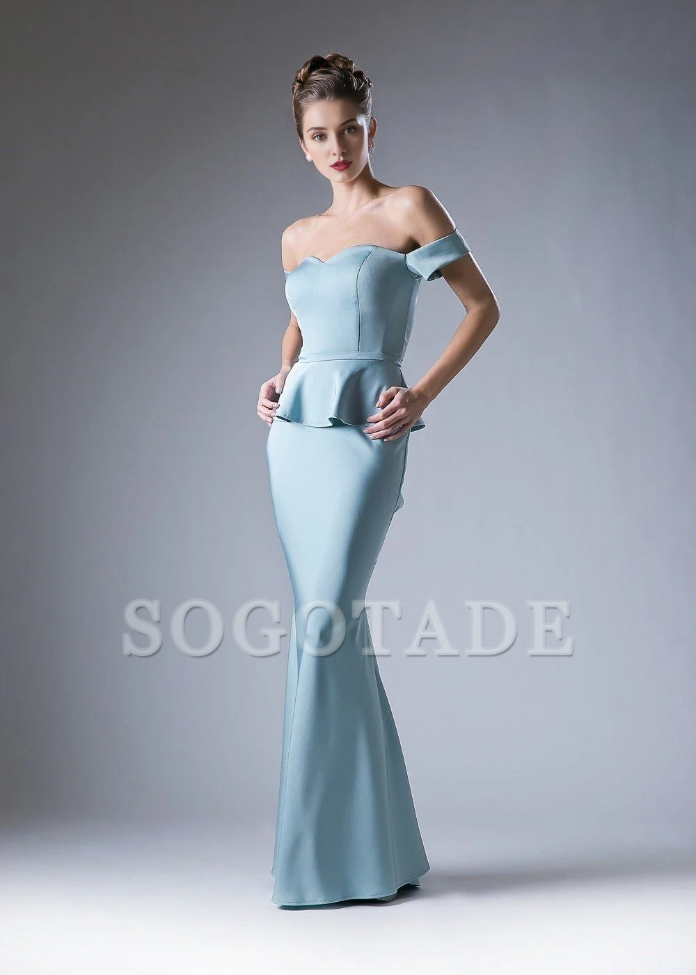 Long off shoulder ruffled fish tail dress