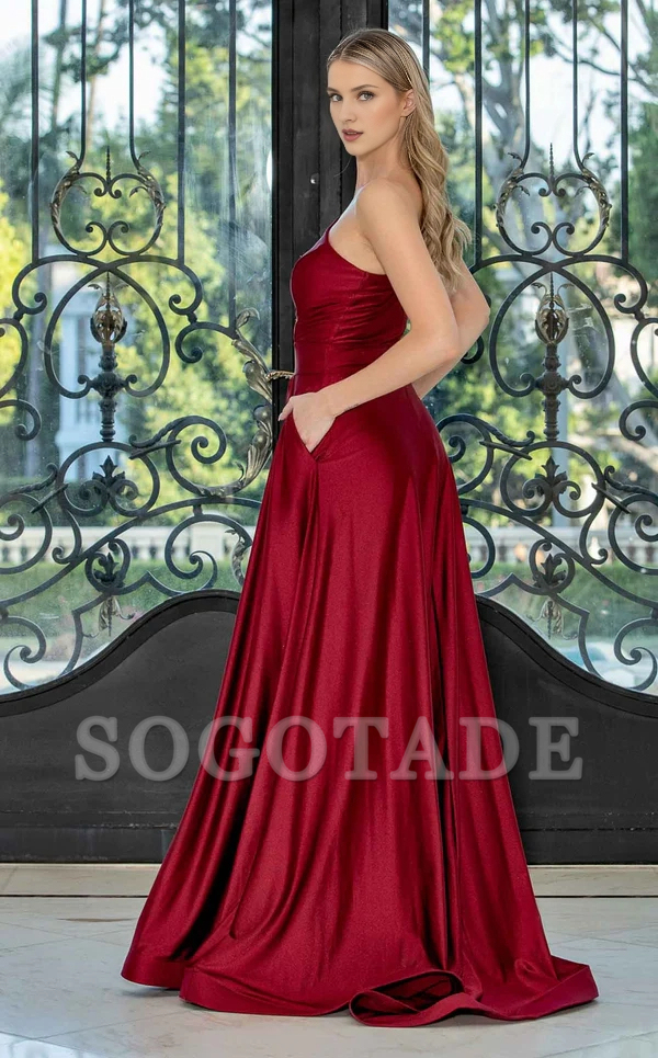 Single shoulder satin side slit backless and floor length Prom dress