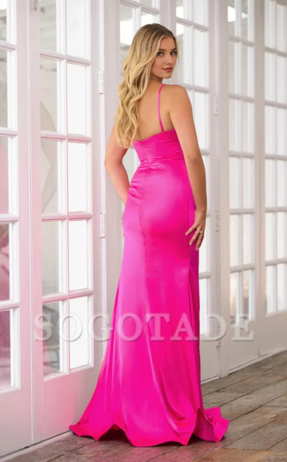 A-line thin shoulder strap satin tight corset with side slits and floor length Prom dress