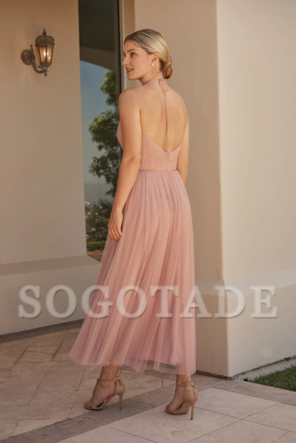 Chiffon A-line pleated suspender with ruffle edge neckline bridesmaid dress