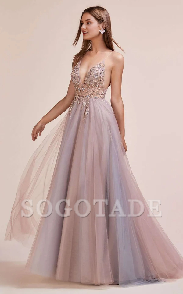 A-line deep V-neck embroidered chiffon thin shoulder strap chiffon prom dress-SOGOTADE