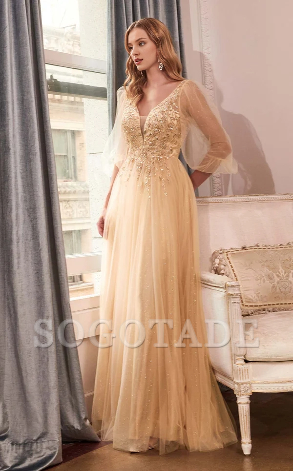 Deep V-neck tight corset lace applique mesh skirt body and floor length Prom dress