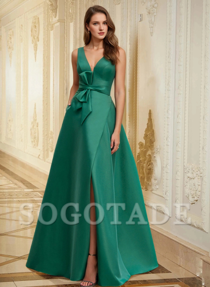 A-line evening gown high slit dress formal makeup ball and floor length sleeveless V-neck belt/waistband ribbon bow slit 2024 gods evening dresses-SOGOTADE