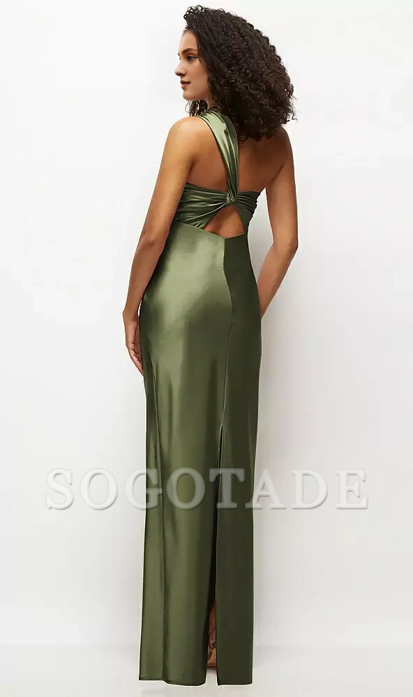 Satin twisted pattern strapless one shoulder twill extra long bridesmaid dress