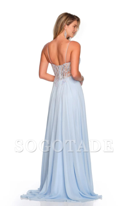 V-neck slim shoulder strap backless illusion tight top Prom dress