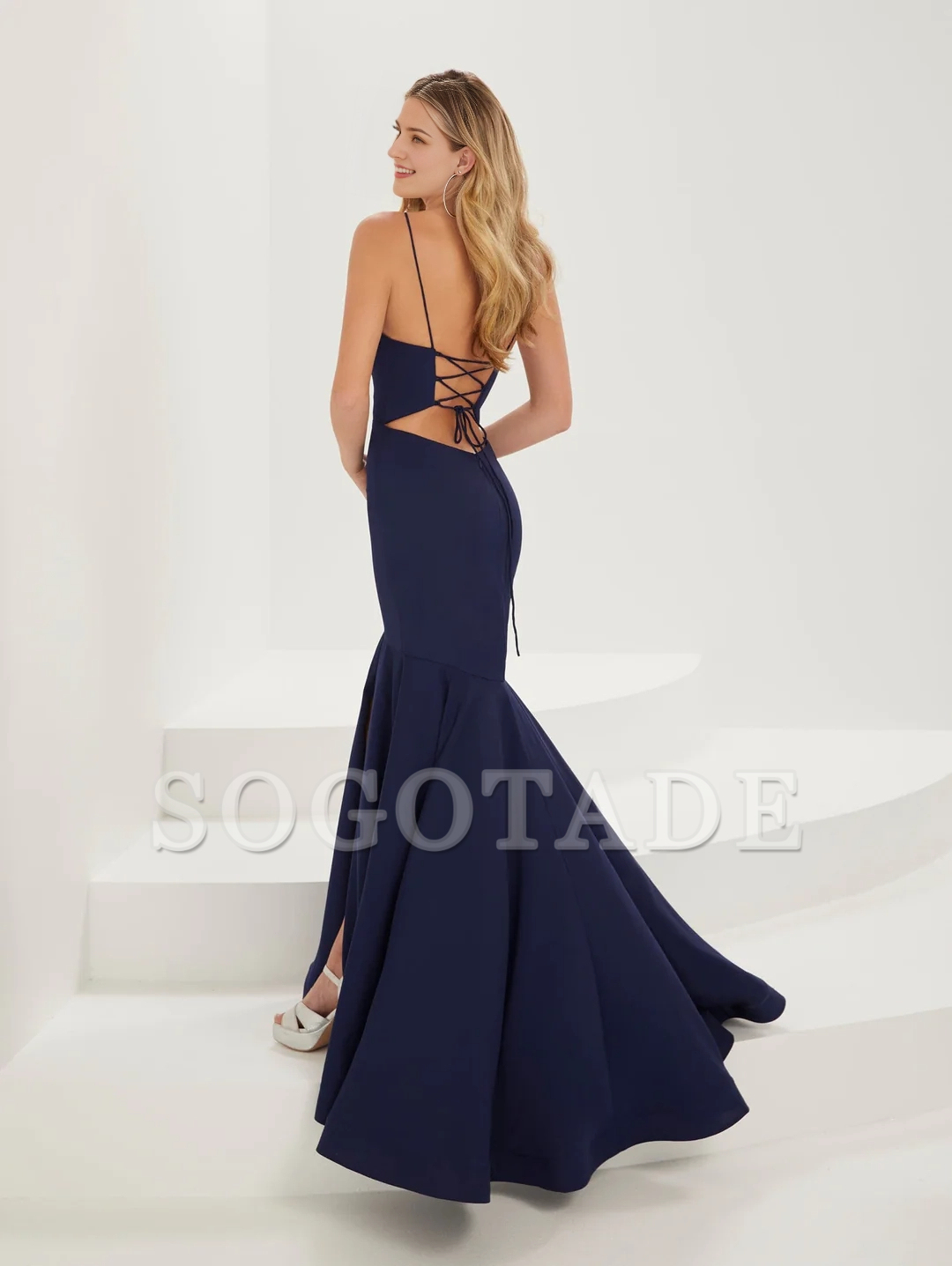 Fitted V-neck slim shoulder strap mermaid skirt with front slit and sweeping trailing skirt back lace up dress