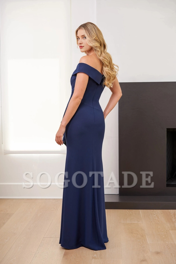 Soft crepe slim fit cross neckline with ruffled edges front slit for evening dress