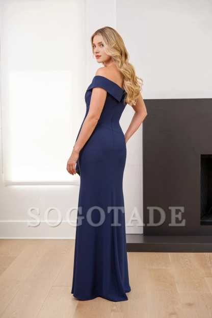 Soft crepe slim fit cross neckline with ruffled edges front slit for evening dress