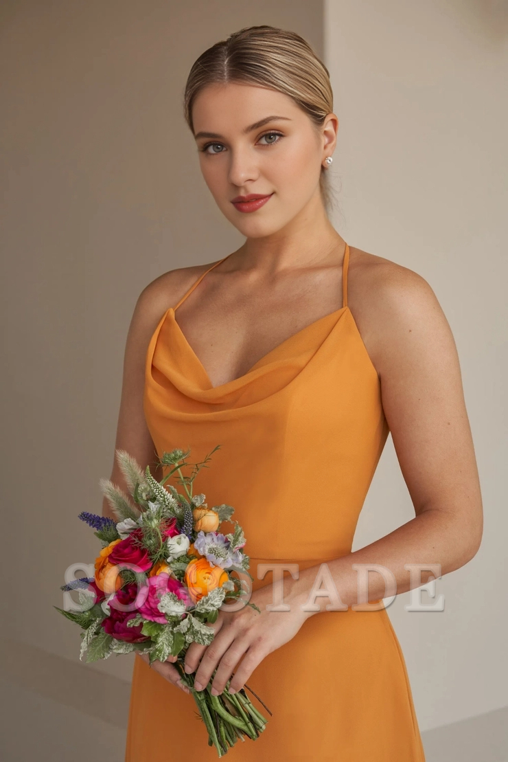 Thin shoulder strap scarf style front neckline V-shaped back bridesmaid dress