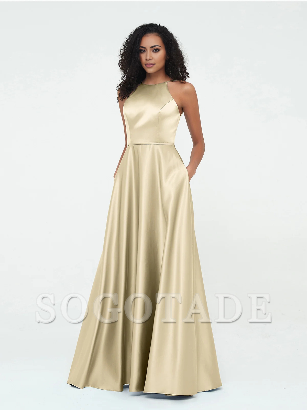 A-line hanging neck large pocket satin dress-SOGOTADE