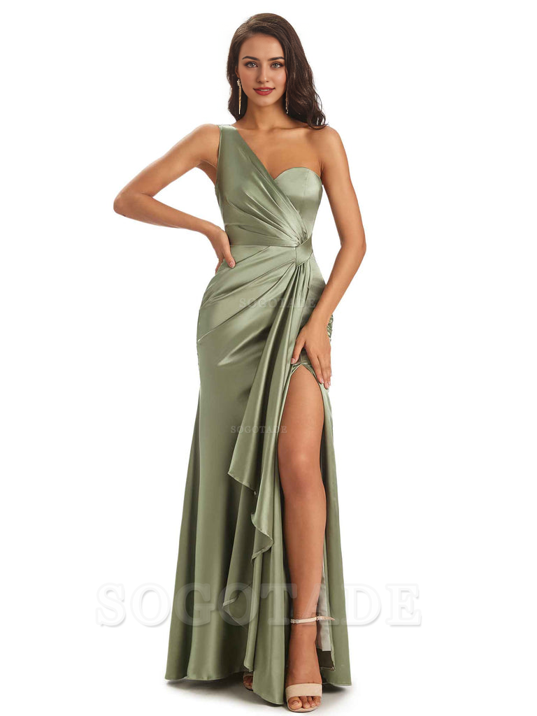 Elegant Soft Satin Side Slit One Shoulder Unique Mermaid Bridesmaid Dresses Online prom dresses shops