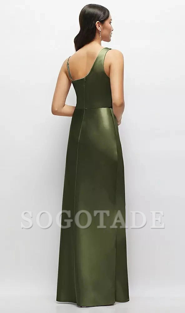 One shoulder hanging hood A-line satin ultra long bridesmaid dress
