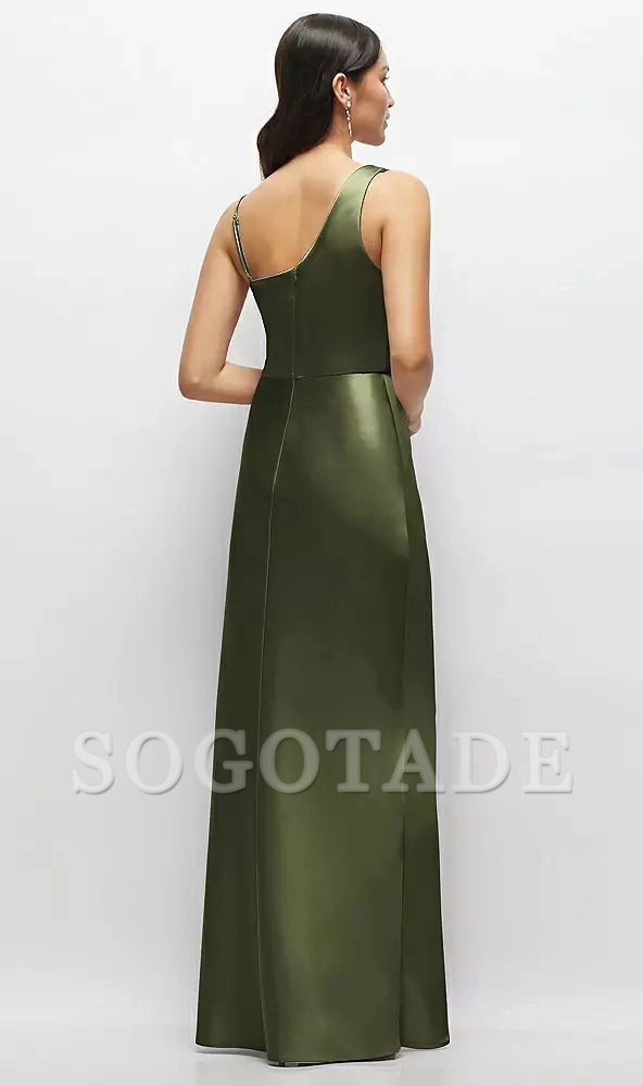 One shoulder hanging hood A-line satin ultra long bridesmaid dress