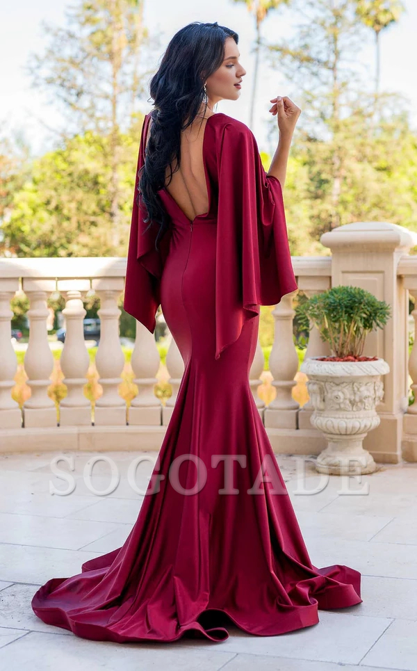 Mermaid V-neck long sleeved back lace up trailing skirt and floor length Prom dress