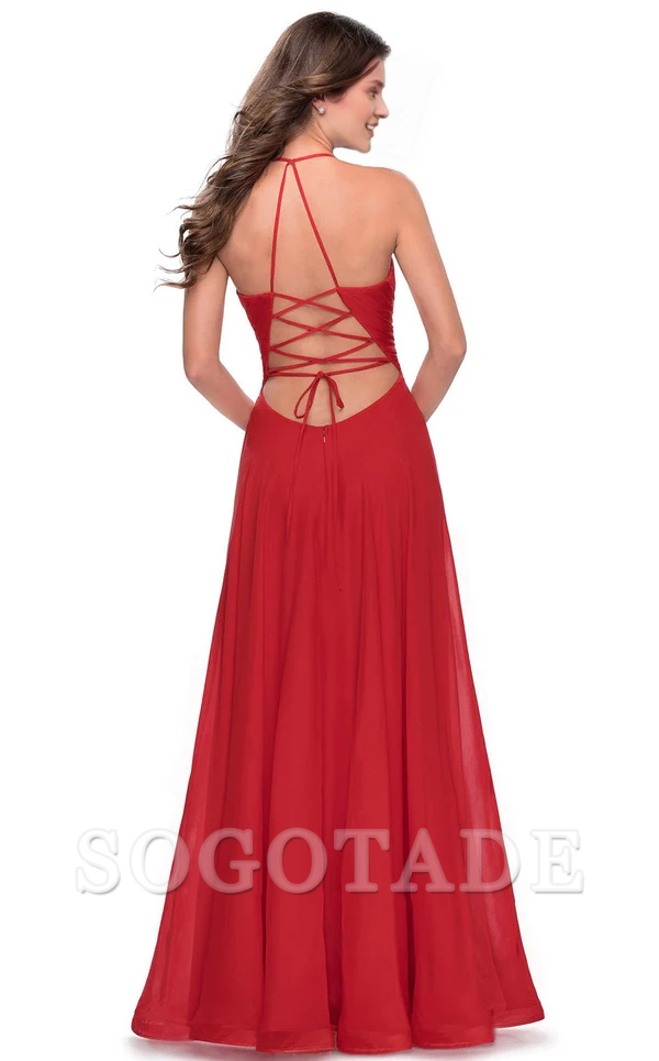A-line deep V-shaped heart-shaped neckline tight fitting corset with side slits and floor length evening dress-SOGOTADE