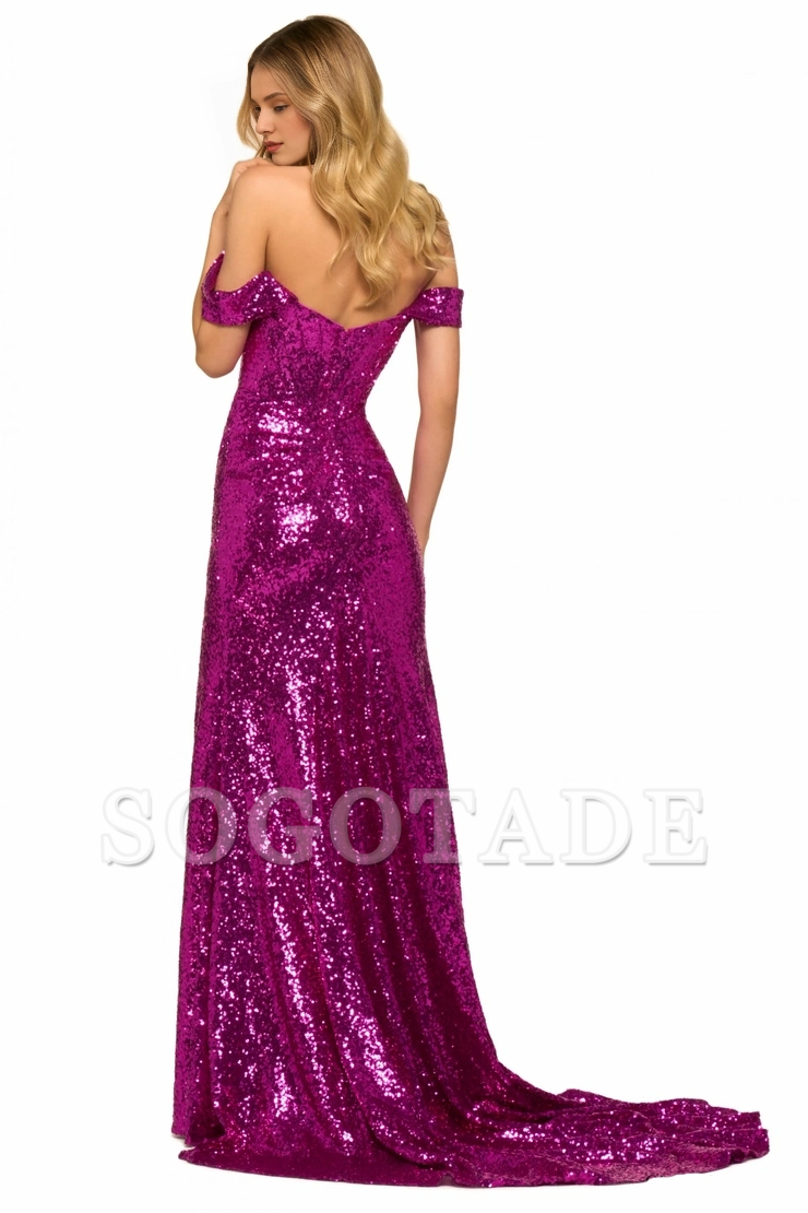 Elegant off shoulder backless sequined side slit and floor length dress