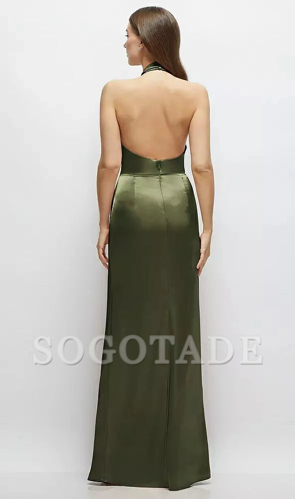 Cowl hanging neck backless satin and floor length bridesmaid dress