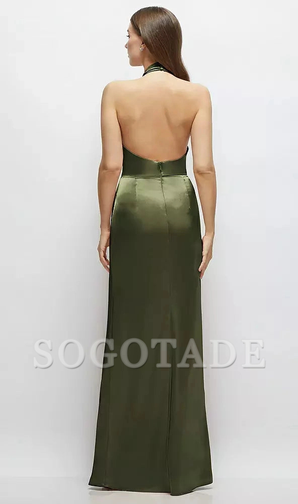 Cowl hanging neck backless satin and floor length bridesmaid dress