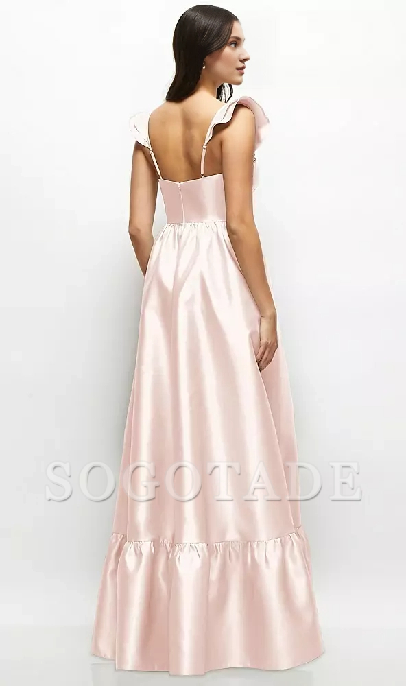 Ruffle shoulder strap satin tight corset long bridesmaid dress