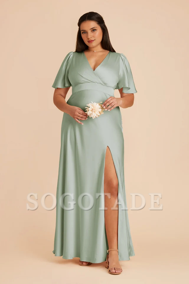 A-line V-neck cross ruffle sleeves satin slit bridesmaid dress