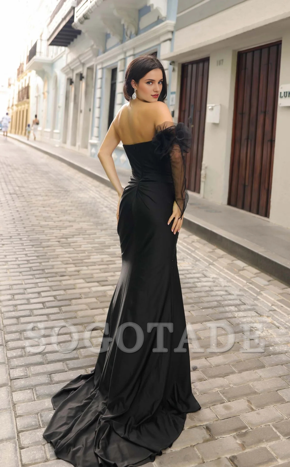Strapless asymmetrical neckline tight corset with high slit and floor slit Prom dress