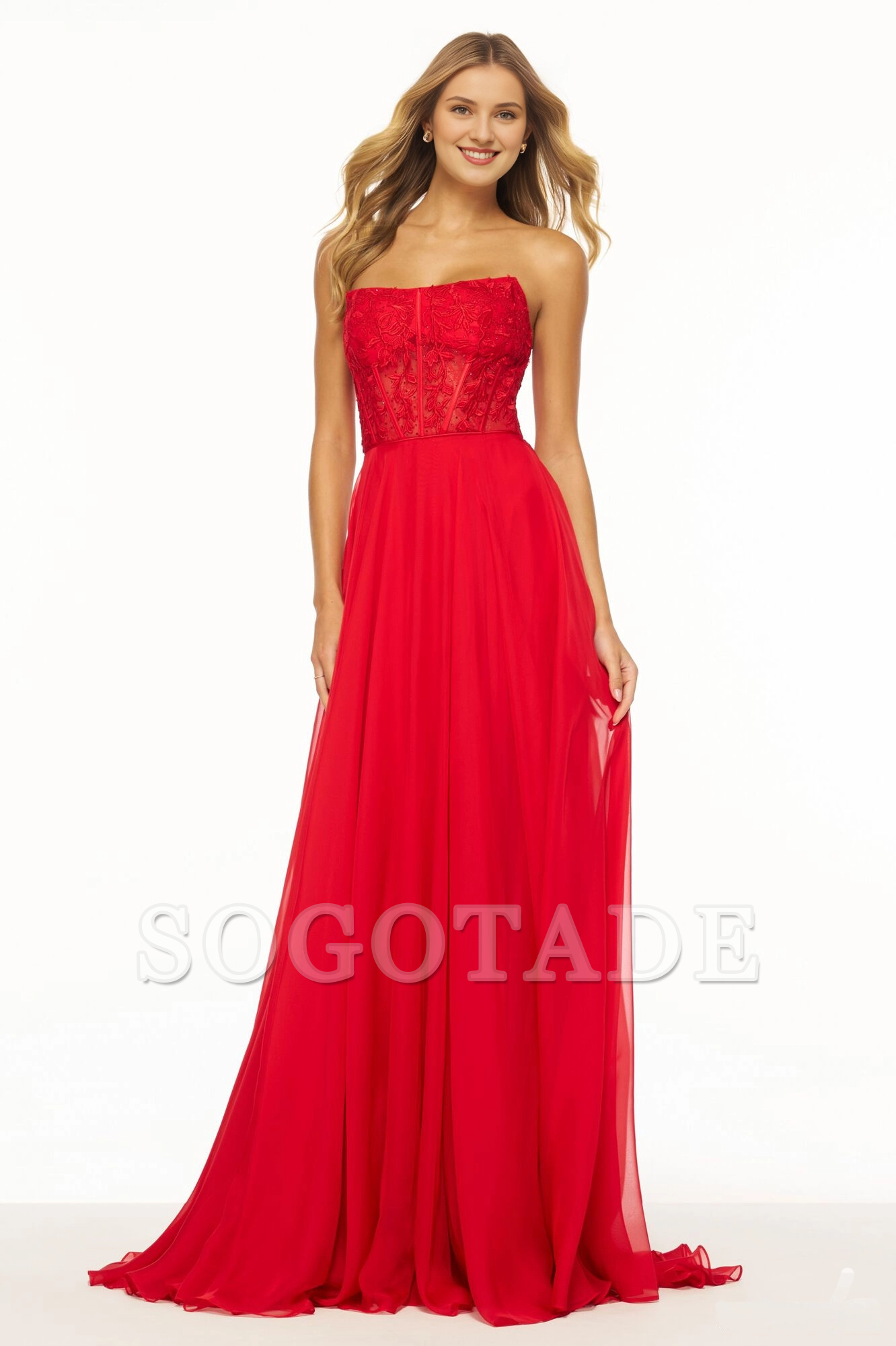 Strapless leaf lace tight corset chiffon and floor length Prom dress