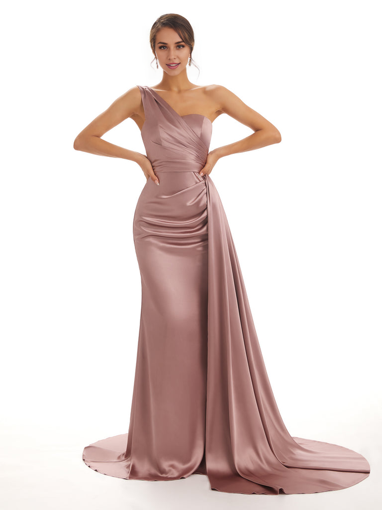 Elegant One Shoulder Soft Satin Unique Mermaid Long Bridesmaid Dresses Online prom dresses shops