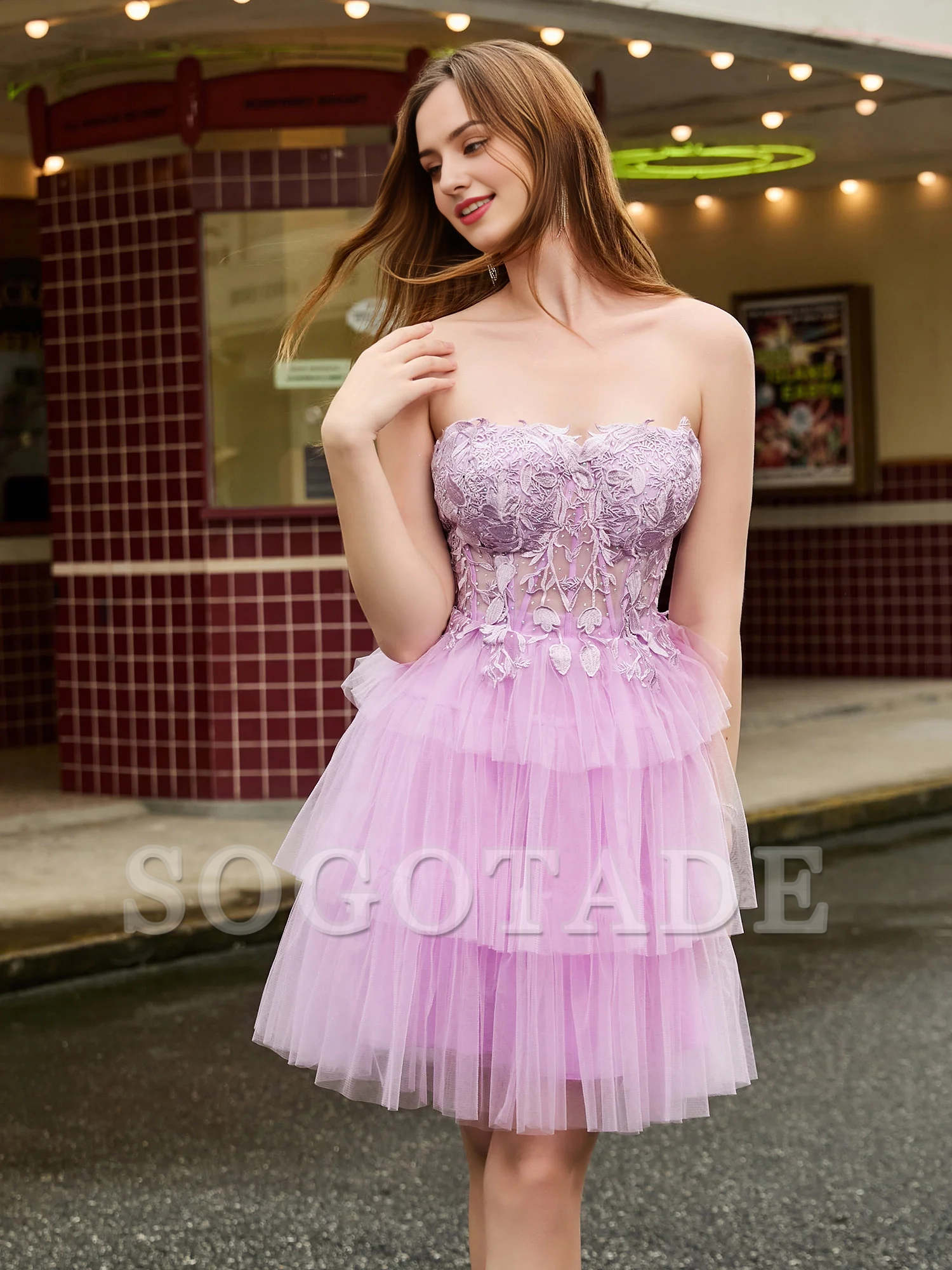 Strapless tight corset with layered chiffon upper layer short Homecoming dress