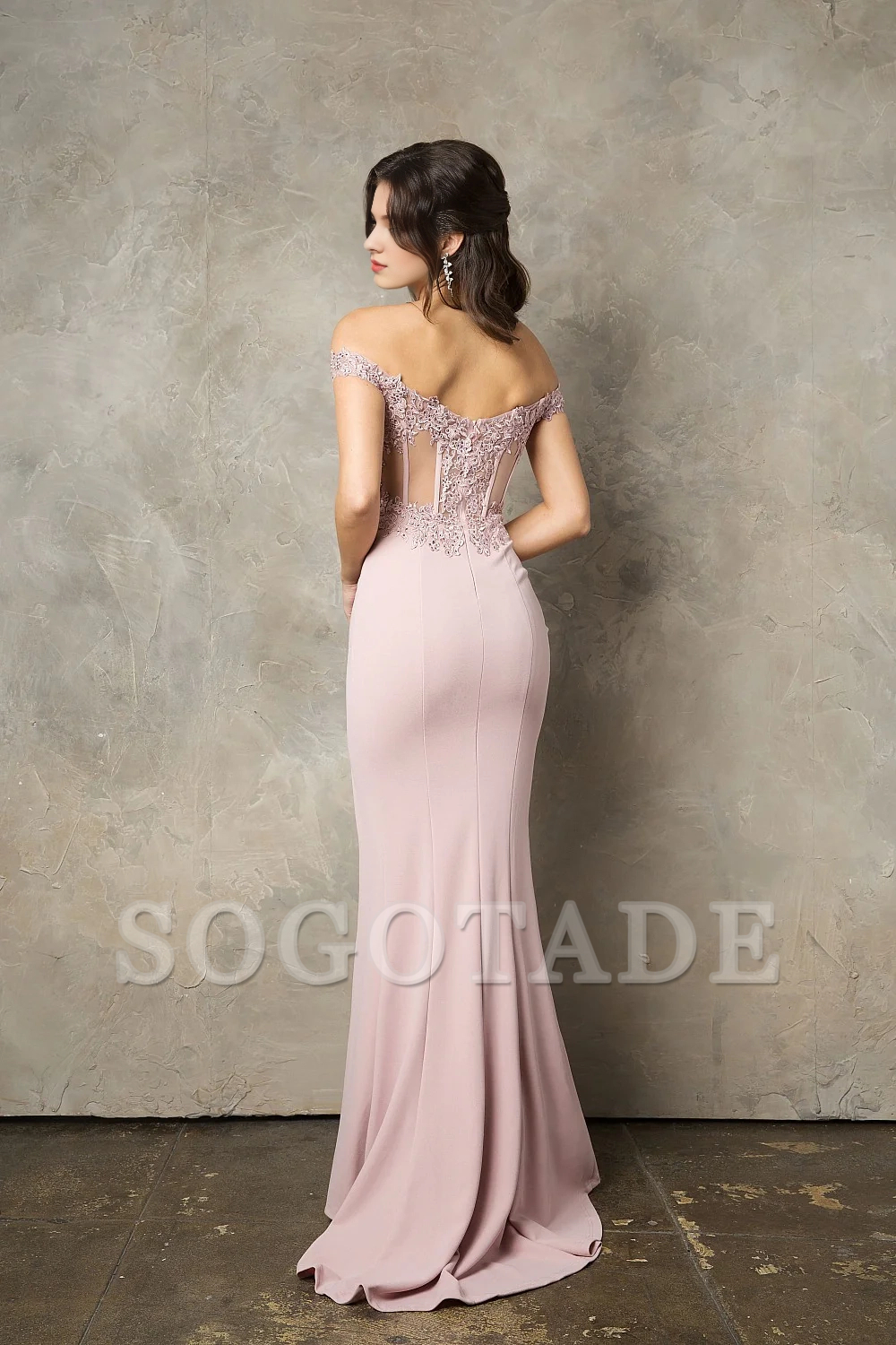 Fitted slit skirt with embroidered decals long off shoulder crepe dress