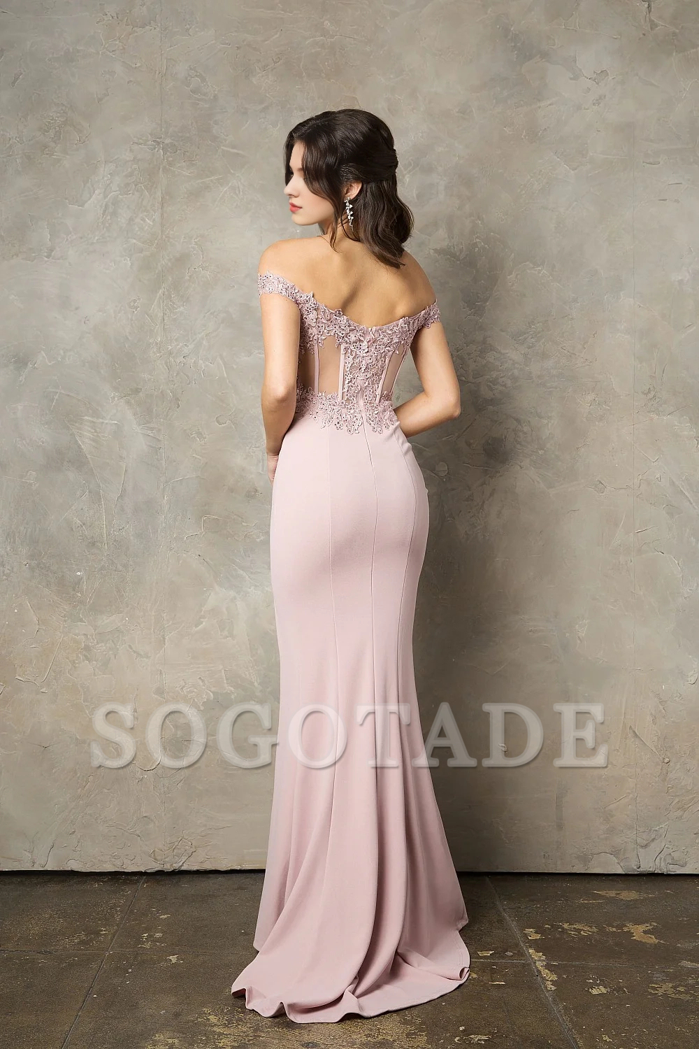 Fitted slit skirt with embroidered decals long off shoulder crepe dress