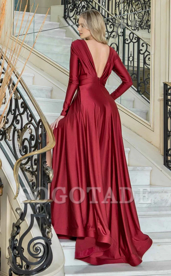Deep V-neck long sleeved backless side slit and floor length Prom dress