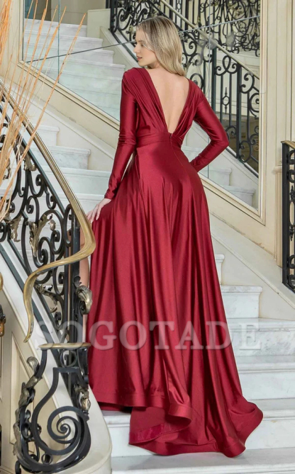 Deep V-neck long sleeved backless side slit and floor length Prom dress