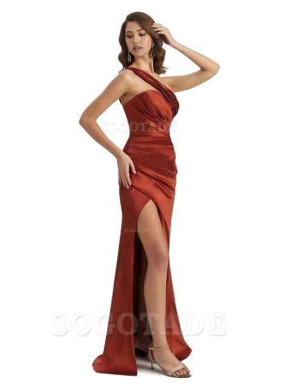 Sheath One shoulder Satin formal dresses evening gown Bridesmaid Dresses With Side Slit 
