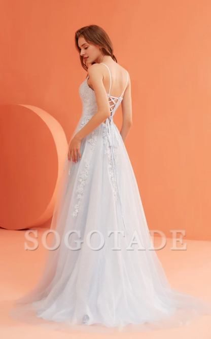 A-line deep V-neckline thin shoulder straps embroidered chiffon side slits and floor length Prom dress-SOGOTADE